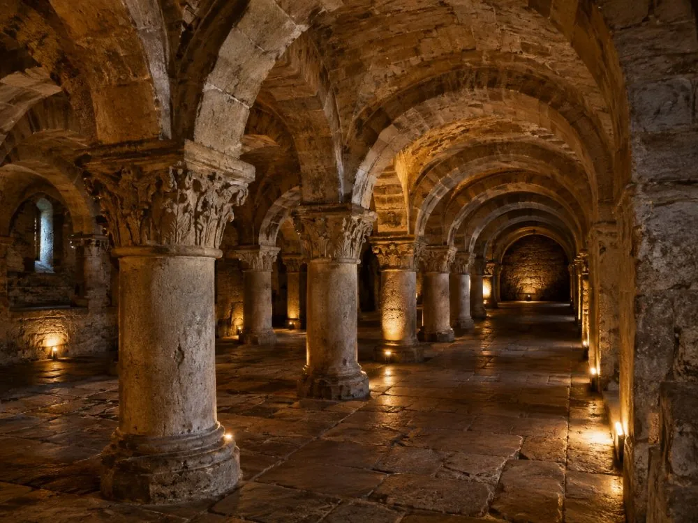 Krypta der Basilique de Saint-Denis und Platte des königlichen Ossuariums