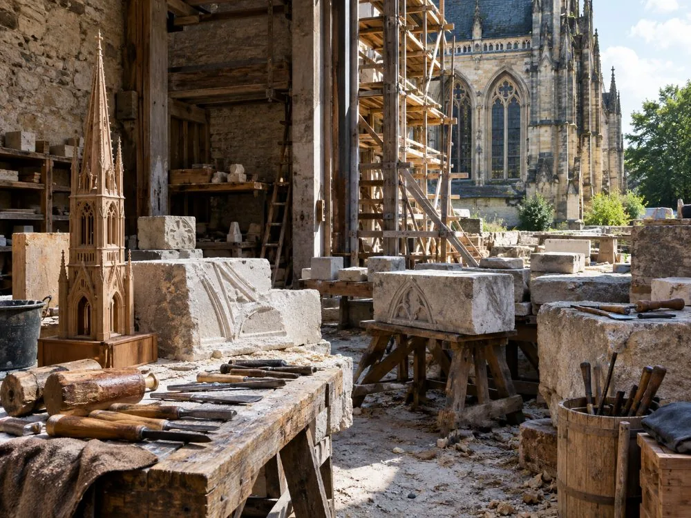 La Fabrique de la Flèche, Wiederaufbau-Baustelle auf dem Vorplatz der Basilique